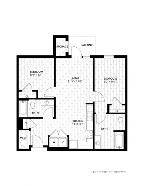 Floor plan for 2 beds, 2 baths, 834 sqft